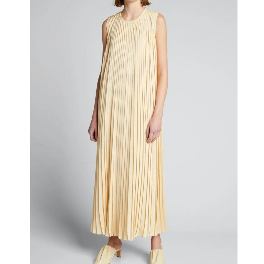 Lafayette 148 New York Willow L Sleeveless Knife Pleated Maxi Dress Beige